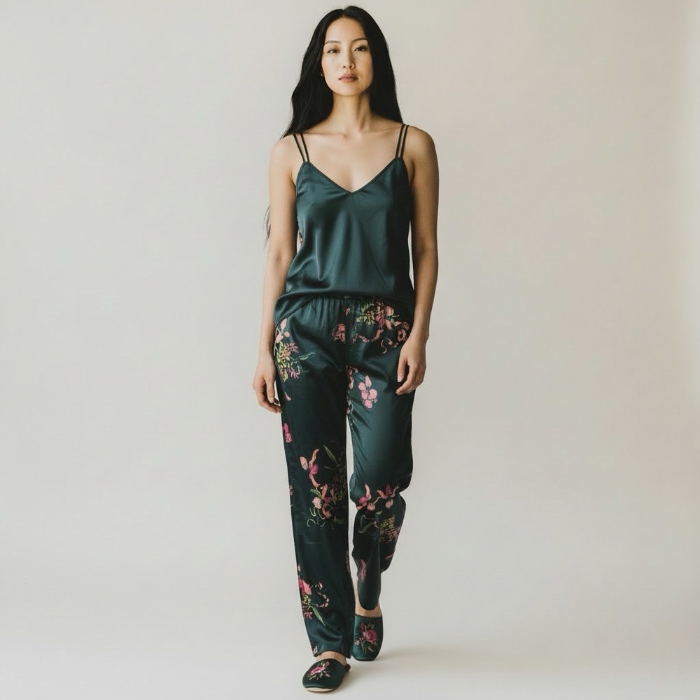 SOMA 2 piece pajama lounge set size large Floral-Print Relaxed Pants Dark Green